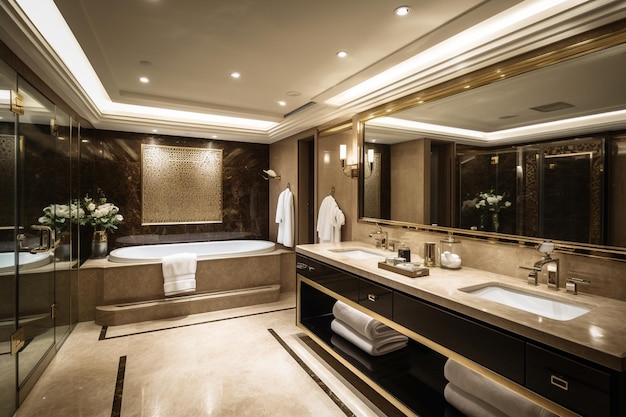 Een badkamer met een ligbad en een grote spiegel