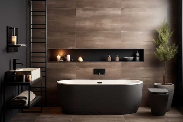 Een badkamer met een ligbad, wastafel en spiegel AI