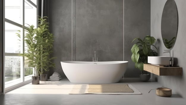 Een badkamer met een plant naast een ligbad.