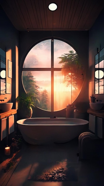Een badkamer met een rond raam en een ligbad met uitzicht op de zonsondergang.