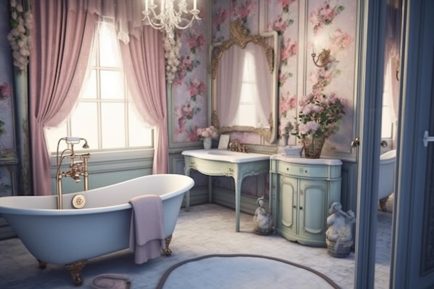 Een badkamer met een roze gordijn en een wit bad met een gouden kraan.