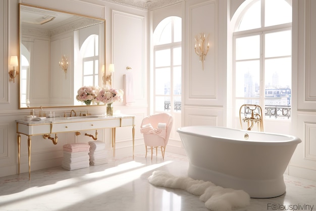 Een badkamer met een wit bad en een goud-wit tapijt.