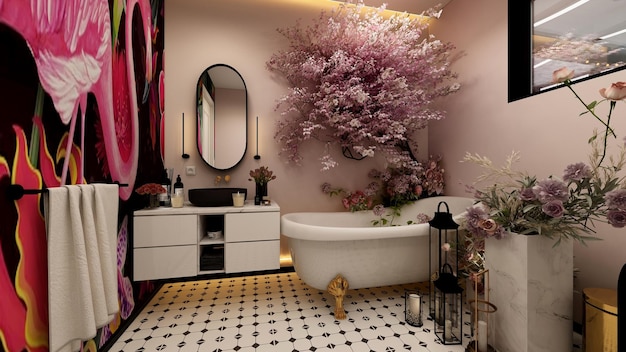 Een badkamer met een wit ligbad en een zwart met roze tegelvloer.