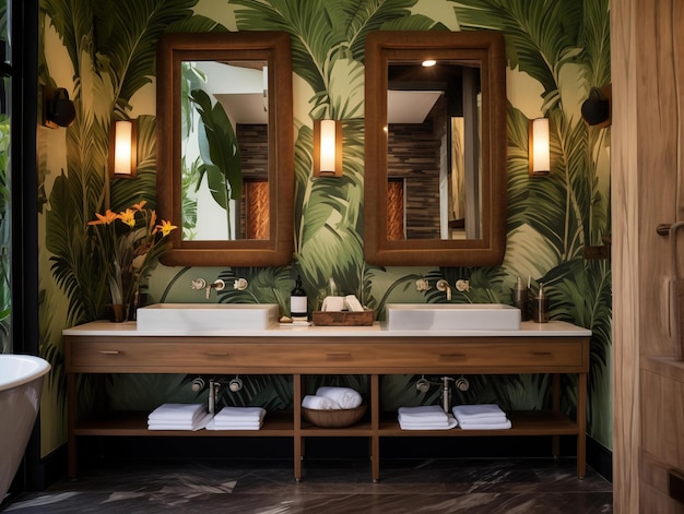 een badkamer met twee gootstenen en een groene palm op de muur