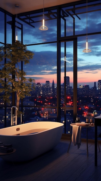 Een badkamer met uitzicht op de stad 's nachts.