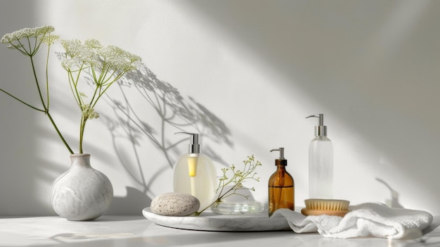 een badkamer met veel producten, waaronder een fles lotion
