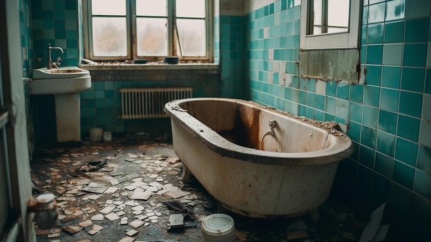 Een badkuip in een badkamer met een gebroken raam en de woorden "olde bath" op de muur.