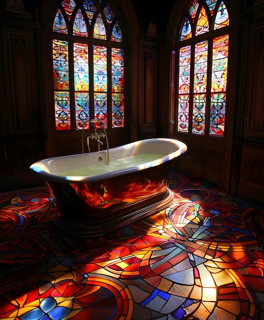 Een badkuip zit voor een glas-in-lood raam omringd door kleurrijke tegels op de muren en flo