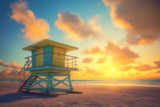 Een badmeestertoren op een strand bij zonsondergang