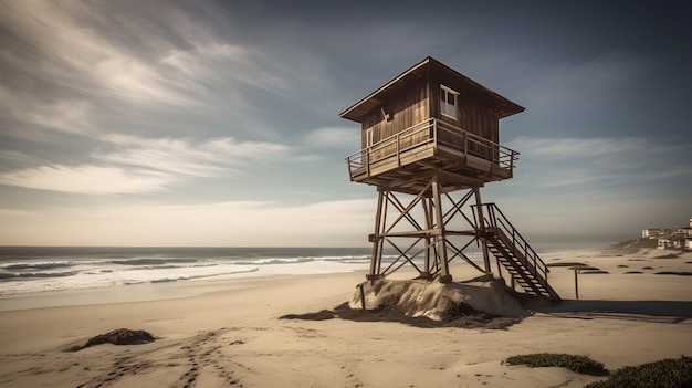 Een badmeestertoren op een strand met een bewolkte lucht op de achtergrond.