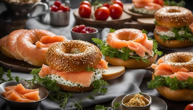 Een bagel met sesamzaad en een bagel met een bagel erop.