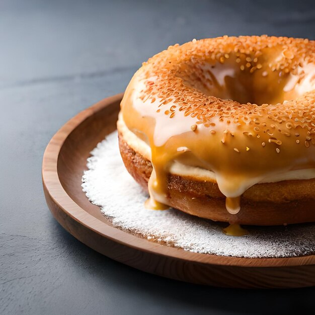 Een bagel met sesamzaadjes erop zit op een bord met poedersuiker.