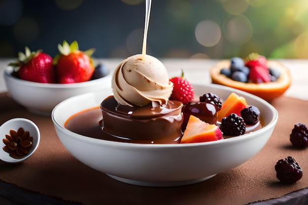 Een bakje chocoladesaus met daarop een bolletje vanille-ijs en fruit.