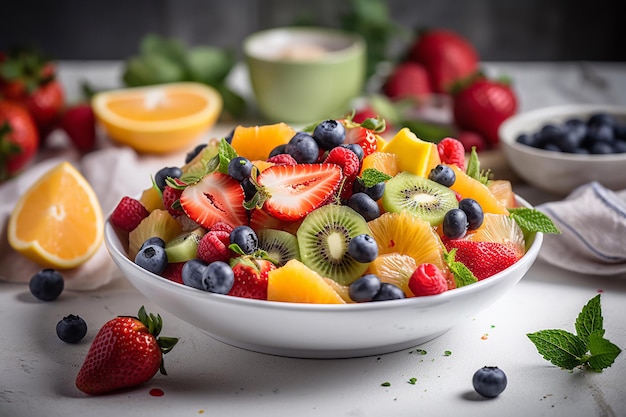 Een bakje fruitsalade met een lepel munt en een bakje limonade.