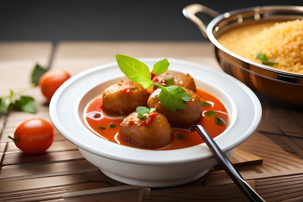 Een bakje gehaktballen met tomatensaus en een bakje tomatensaus.