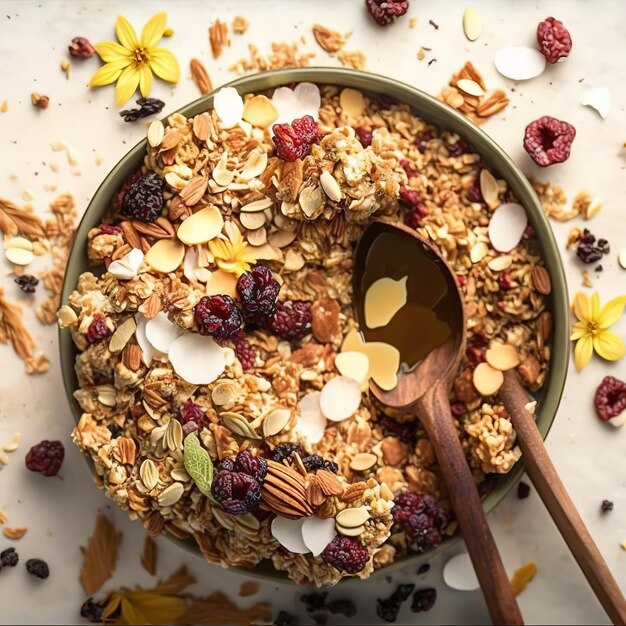 Een bakje granola met een lepel en een houten lepel met het woord granola erop.