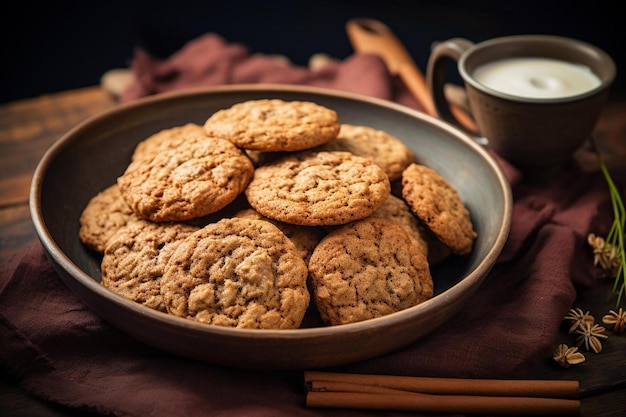 een bakje havermoutkoekjes met een kopje koffie ernaast.