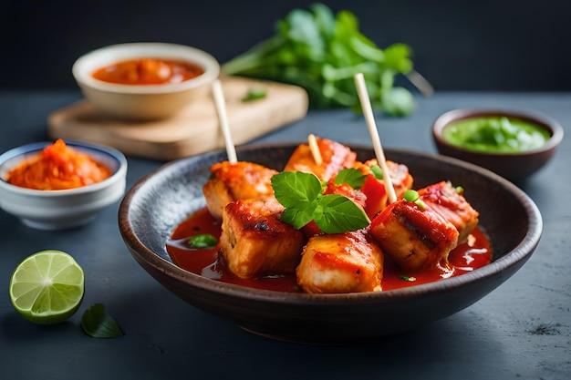 Een bakje kimchi met een sausje erop en een bakje groene chutney erbij.