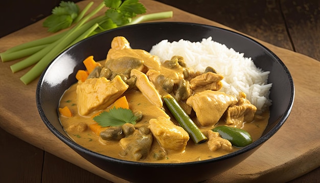 Een bakje kipcurry met rijst en sperziebonen.