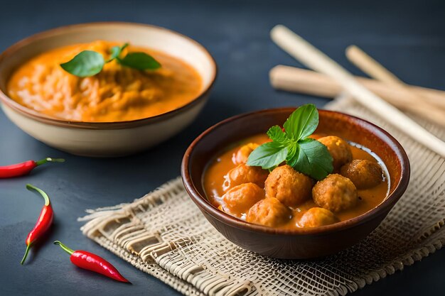 Een bakje kipgehaktballetjes met een rode currysaus