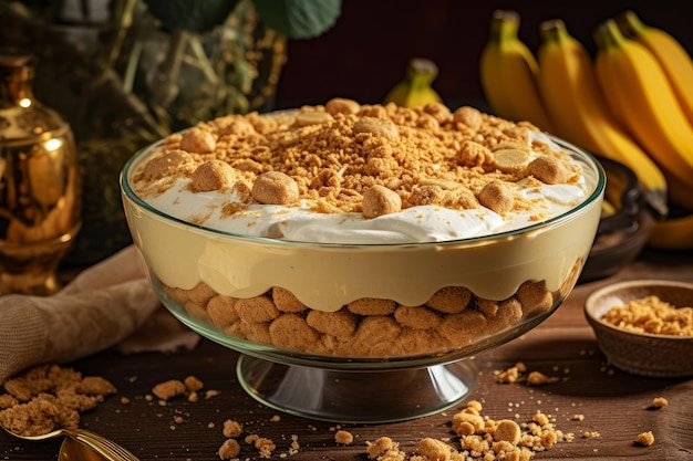 Een bakje pindakaas no bake trifle met op de achtergrond een tros bananen.