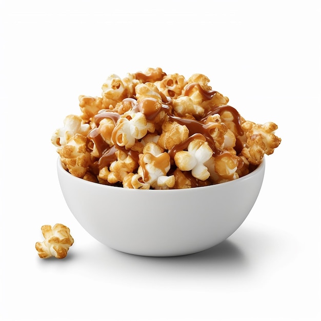 Een bakje popcorn met karamelsaus en karamelsaus.