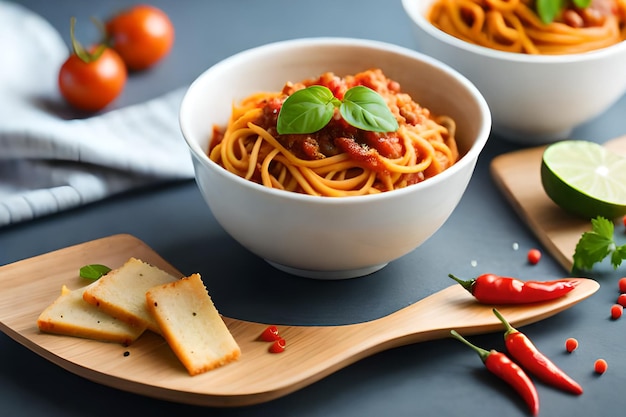 Een bakje spaghetti met tomatensaus en een houten snijplank met aan de zijkant een houten snijplank.