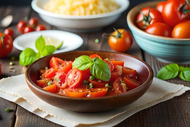 Een bakje tomatensaus met basilicum ernaast