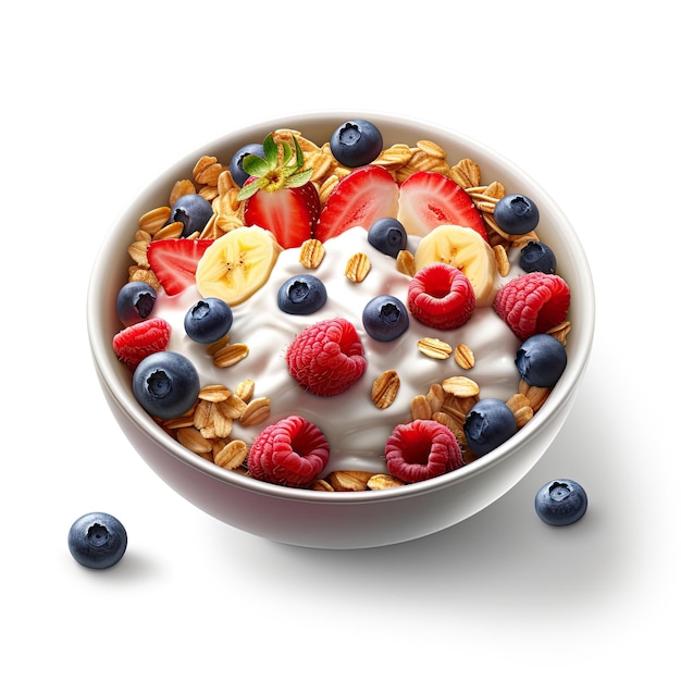 Een bakje yoghurt met fruit en granola erop.