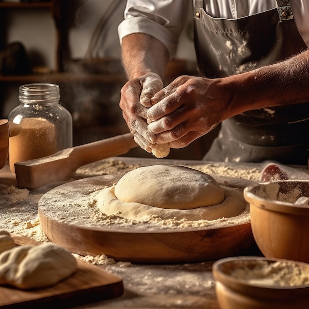 Een bakker bakt brood in een bakkerij