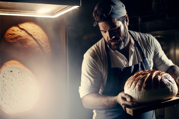 Een bakker in een schort met een stuk brood op een houten plank in zijn bakkerij Generative AI