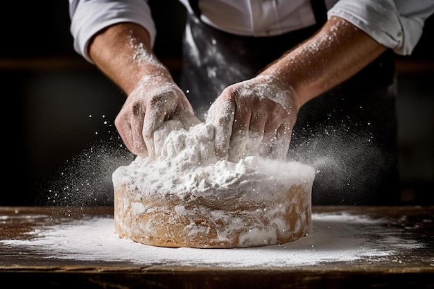 een bakker maakt een cake met bloem erop.