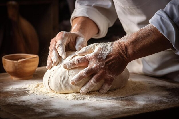 Een bakker rolt deeg op een tafel.