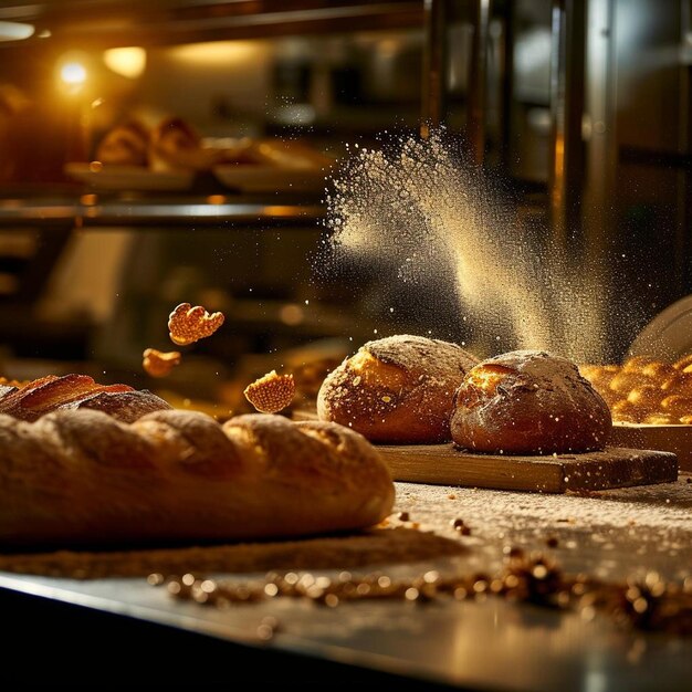 een bakker strooit meel op een brood