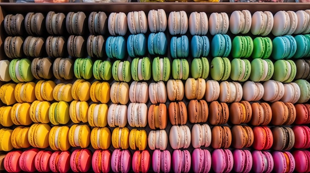 Een bakkerijdisplay met kleurrijke macarons