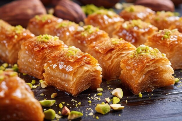 Een baklava met pistachenoten erop