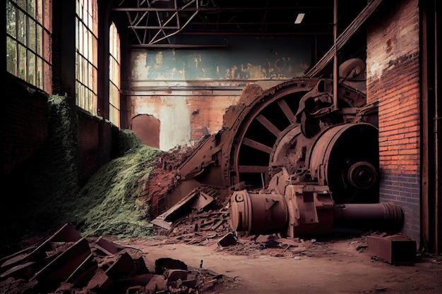 Een bakstenen muur in een oude fabriek met verroeste machines en puin in de buurt