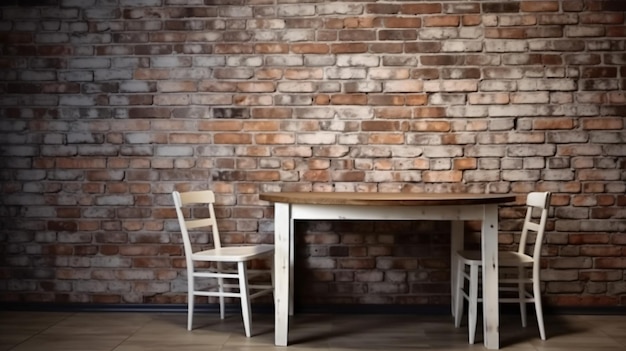 Een bakstenen muur met een tafel en stoelen ervoor.