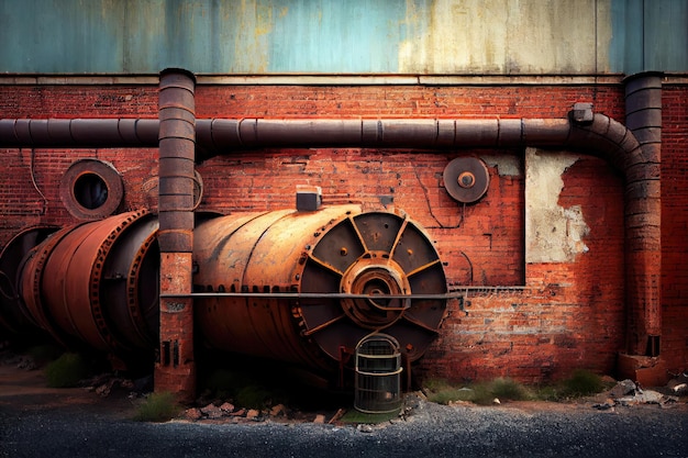 Een bakstenen muur met een verweerde en versleten textuur tegen een industrieel landschap van metalen buizen en machines