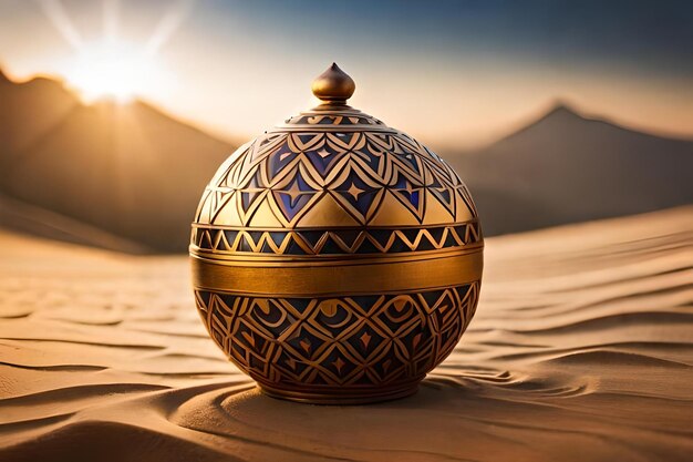 Foto een bal in de woestijn met daarachter de ondergaande zon.