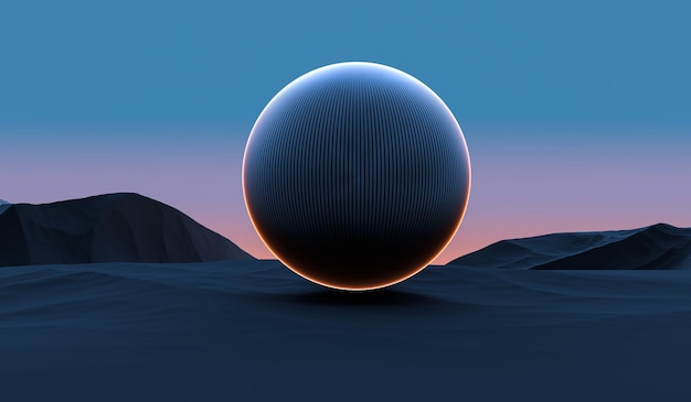 Een bal met een neonoranje rand tegen de achtergrond van bergen en een zonsondergang aan de horizon Een abstracte futuristische bal verdeeld in stroken met neonverlichting 3D render