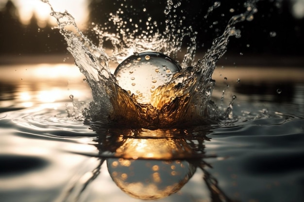 Een bal met schoon water die in de lucht hangt, rimpelt en spettert.