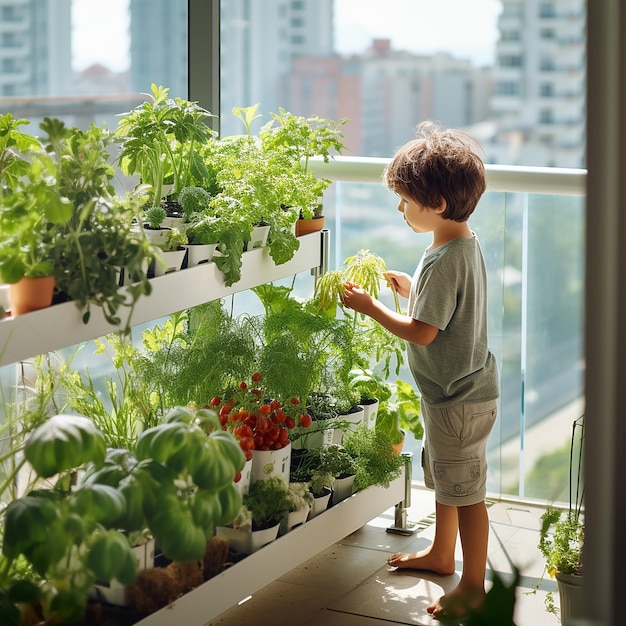 Een balkon in een modern appartement ingericht met moderne stijl planten en groenten