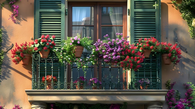 Foto een balkon met bloemen en een balkon met een groene luik.