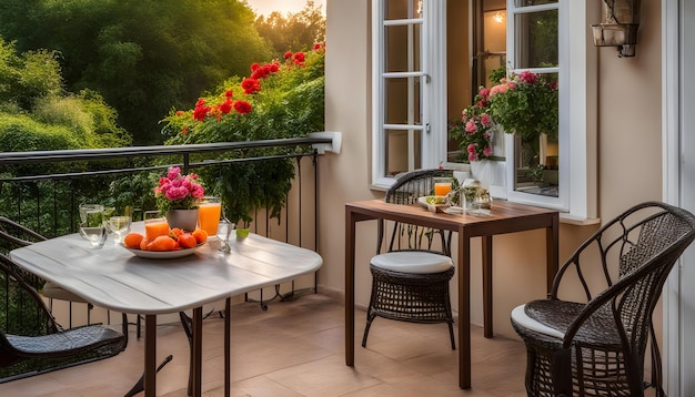 een balkon met bloemen en een tafel met sinaasappels en een pot met sinaasappel
