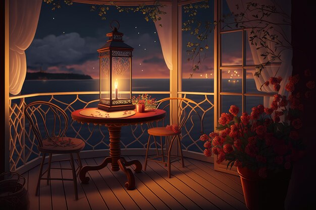 Een balkon met een gezellige stoeltafel en lantaarn voor een romantische avond