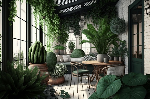 Een balkon met planten en een tafel met een potplant erop.