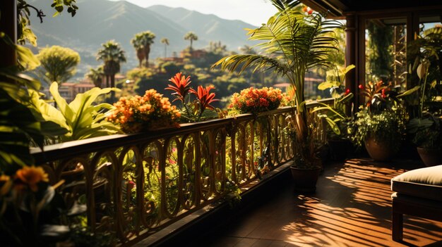 Een balkon met planten op de muur