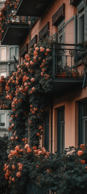 Een balkon met rode bloemen erop