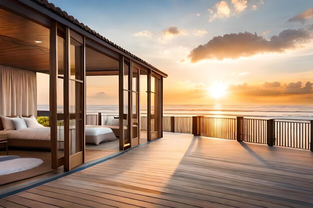Een balkon met uitzicht op de oceaan en de ondergaande zon boven de oceaan.